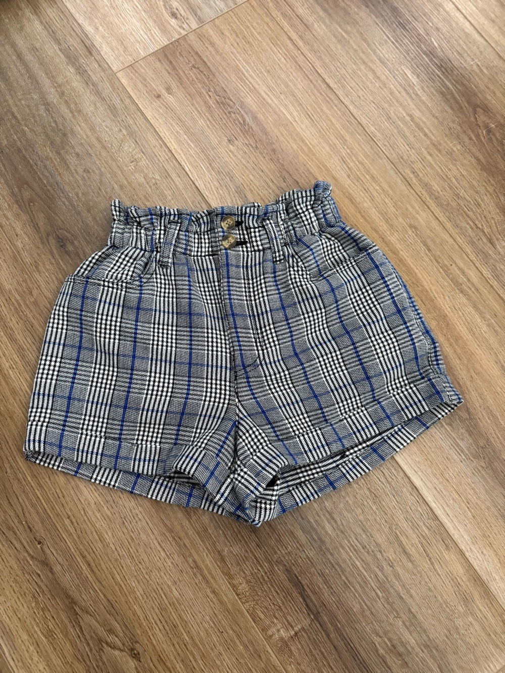 American Eagle Plaid Paperbag Shorts Blue Glen Plaid High Rise Women’s Size 0